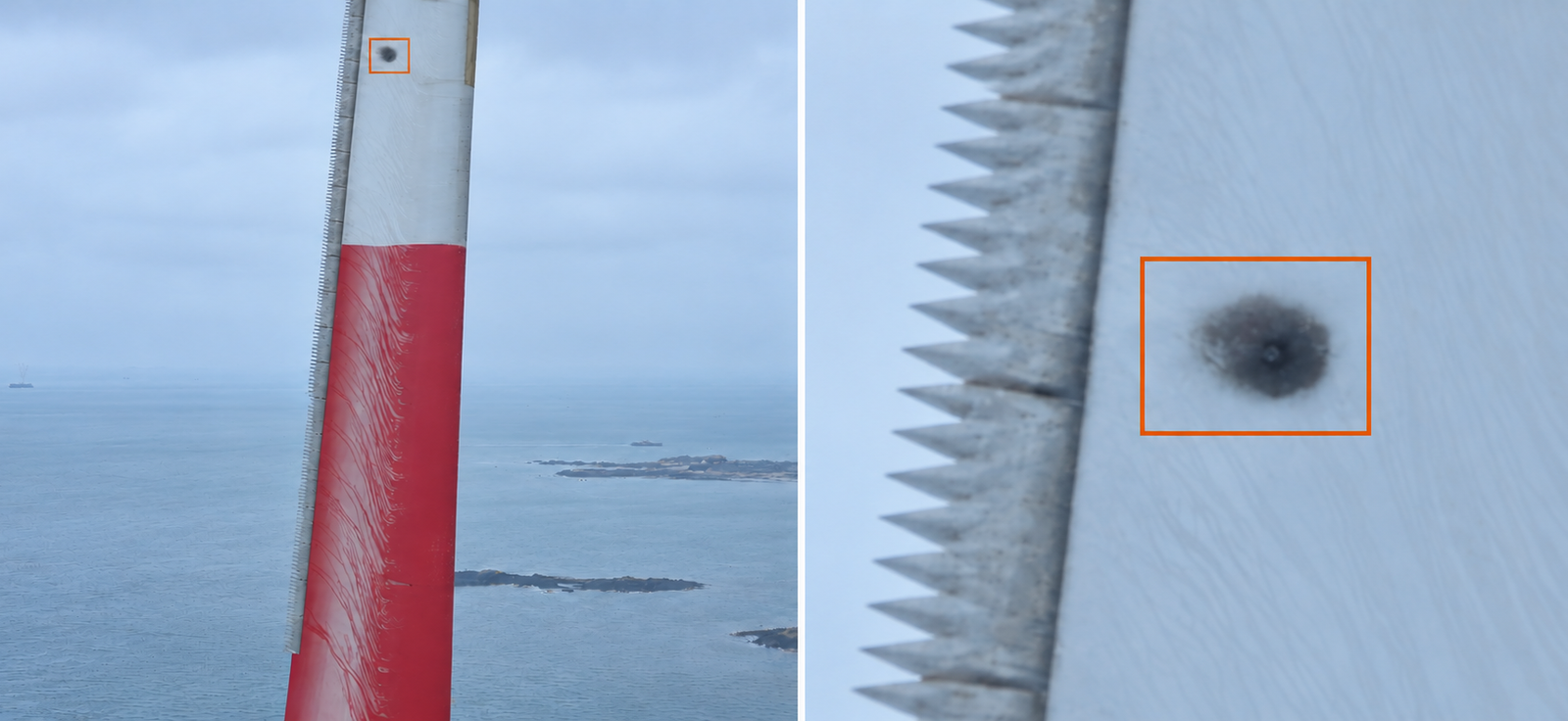 Wind turbine blade inspection showing full blade view and enlarged localized surface detail from the same inspection image
